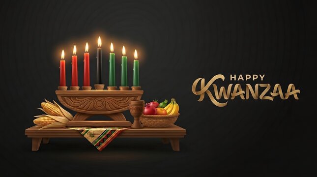 Traditional Kwanzaa Kinara With Seven Lit Candles And Harvest Fruit On A Dark Textured Background With Festive Typography