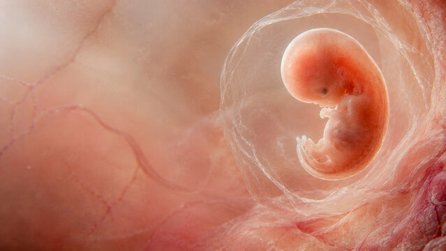 First trimester human embryo in gestational sac, IVF pregnancy, early prenatal growth and reproductive medicine study 3D