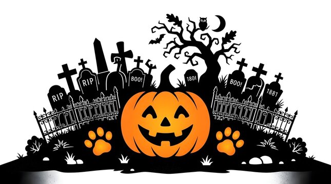 This spooky and delightful halloween scene features a grinning jack o' lantern a graveyard silhouette and a bare twisted tree against a stark white background
