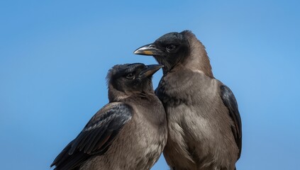 Naklejka premium Two Ravens Cuddling Under Clear Blue Sky in Daylight