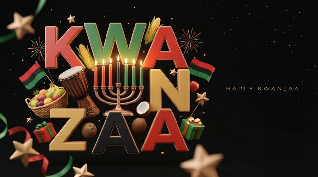 Vibrant 3D Illustration of Kwanzaa Symbols and Decorations Celebrating African American Heritage