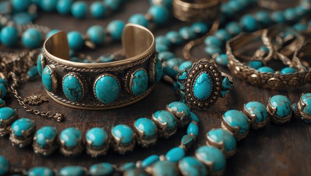 Vintage Turquoise Jewelry Arranged on Wooden Surface with Warm Lighting