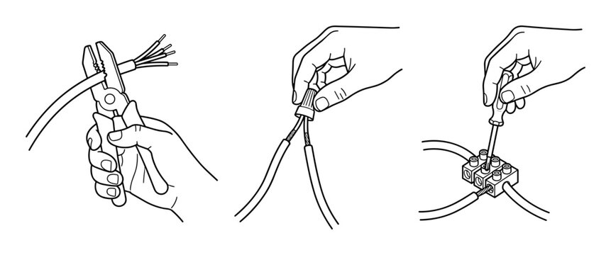 Electrical wiring connection using pliers wire stripper and connector.