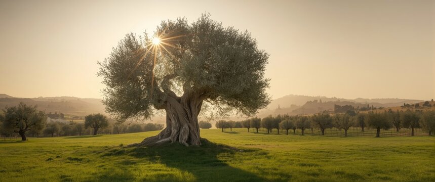 Ancient Olive Tree Bathed in Sunset Light on a Rolling Hillside