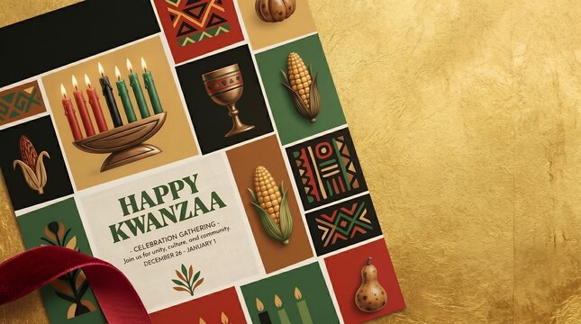 Festive Kwanzaa Celebration Card with Kinara, Corn, and African Patterns on Textured Background