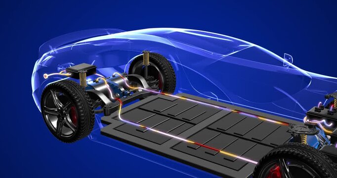 3D animation of electric car wireframe showing internal battery pack and drivetrain. EV Cars Technology Related 4K 3D Animation.