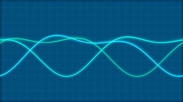 Abstract Glowing Sine Waves Moving on Blue Grid Background