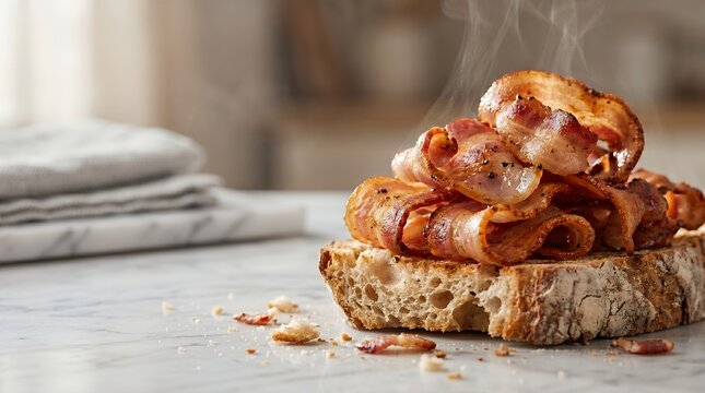 Crispy Cooked Bacon Strips Stacked on Rustic Sourdough Bread Slice with Subtle Steam