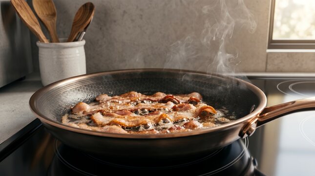 Sizzling Crispy Bacon Strips Frying in a Hot Pan on a Modern Induction Stovetop