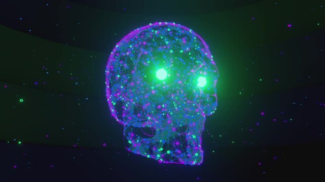 Seamless vj loop of abstract human skull formed by glowing polygonal plexus network. Digital futuristic artificial intelligence model made of connected molecular nodes and abstract background.