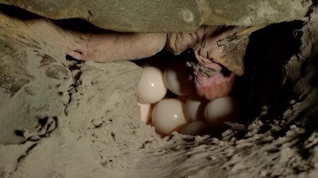 Close-up of reptile laying eggs in sandy nest, natural reproduction process