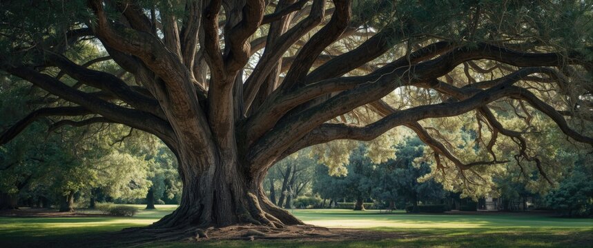 Majestic Spreading Tree in a Lush Green Park Under Soft Morning Light