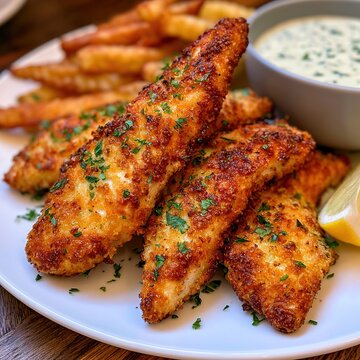 Crispy fish sticks with french fries and tartar sauce
