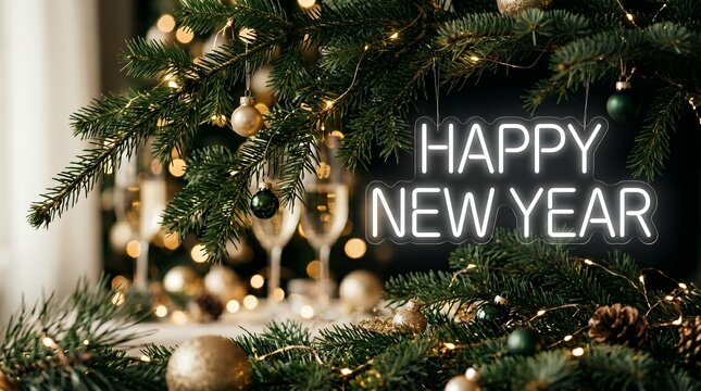 Elegant Festive New Year Celebration with Champagne Glasses and Pine Branches
