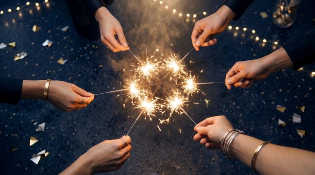Overhead View Of Friends Holding Sparklers Creating Festive Circular Light Pattern