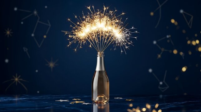 Sparkling Celebration Bengal Fire Erupting From Bottle Against Starry Constellation Background