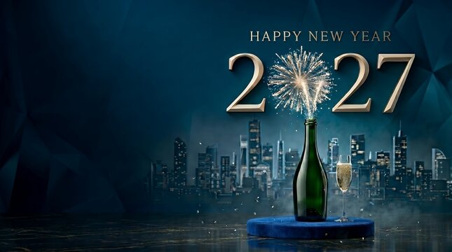 Elegant 2027 New Year Celebration with Champagne Bottle and Cityscape
