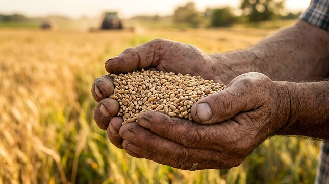 A farmer with weathered hands holds a handful of golden wheat grains in a sunlit field during the harvest season with a tractor in the back