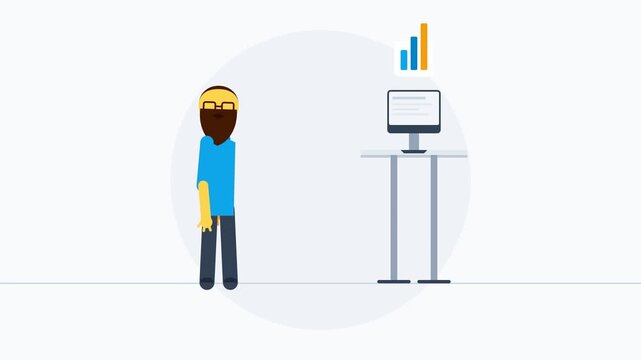Flat design illustration of a man presenting business data analysis on a computer.