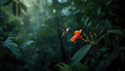 Naklejka premium Hummingbird Hovering Near an Orange Flower in a Lush Green Forest