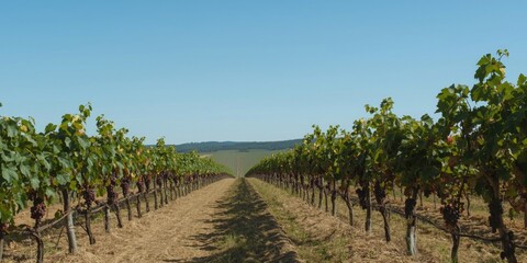 Naklejka premium Vineyard Rows with Grapes Under Clear Blue Sky in Summer