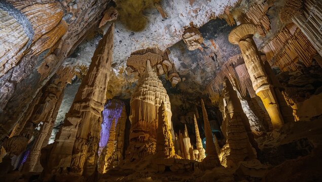 Majestic Stalactites and Stalagmites in a Dramatic Cave Setting with Colorful Lighting