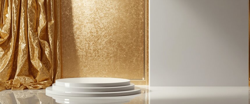 Elegant Gold Drapery with White Circular Pedestal in Minimalist Studio Setting