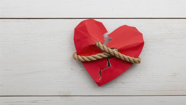 Broken Red Paper Heart Wrapped with Rope on White Wooden Surface