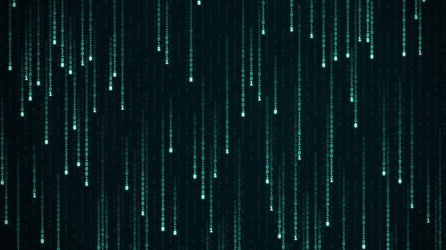 Binary code streams cascading through a dark digital background with glowing digits descending vertically