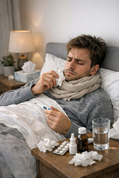 Man lying in bed with cold symptoms, using nasal spray and taking pills.