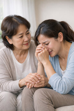 A tender mother-daughter interaction, showing empathy and love in a domestic setting.