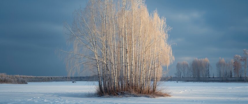 Snowy Birch Tree Cluster Glistening in Soft Winter Light Against a Moody Sky