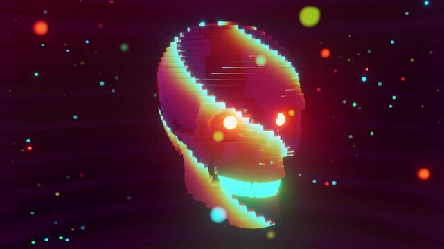 Seamless VJ loop of a glowing digital skull made of layered horizontal slices. Dynamic illuminated stage backdrop for electronic music festivals, dancefloors, club events, rave parties, and live shows