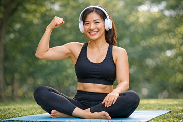 Naklejka premium A female athlete wearing headphones and showcasing her strength while sitting on a yoga mat.