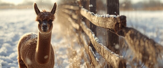 Naklejka premium Llama Standing Near a Wooden Fence in a Snowy Field During Winter