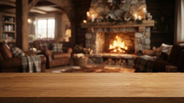 Stylish empty wooden tabletop surface in foreground over a blurred modern interior background ideal for product presentation, mockup backdrop, branding, and marketing