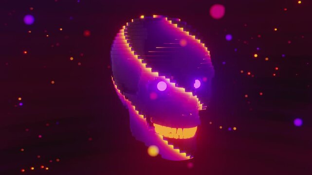 Seamless VJ loop of a glowing digital skull made of layered horizontal slices. Dynamic illuminated stage backdrop for electronic music festivals, dancefloors, club events, rave parties, and live shows