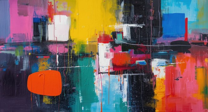 Colorful Abstract Painting with Bold Brushstrokes and Geometric Shapes