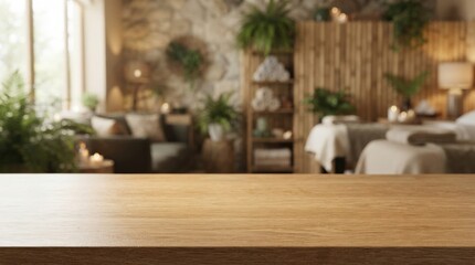 Obraz premium Sharp empty wooden tabletop surface ideal for product presentation, mockup backdrop, branding, and marketing over a blurred modern interior background