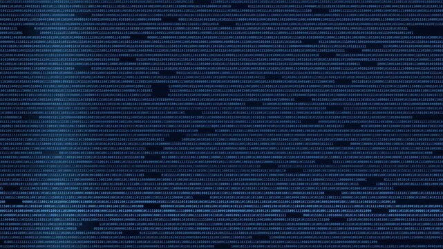 Binary code digits changing across dark blue digital background with scattered data rows