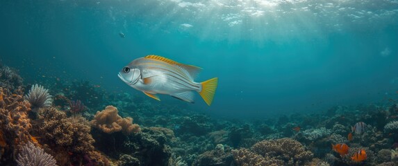 Fototapeta premium Silver Fish Swimming Above Colorful Coral Reef Underwater