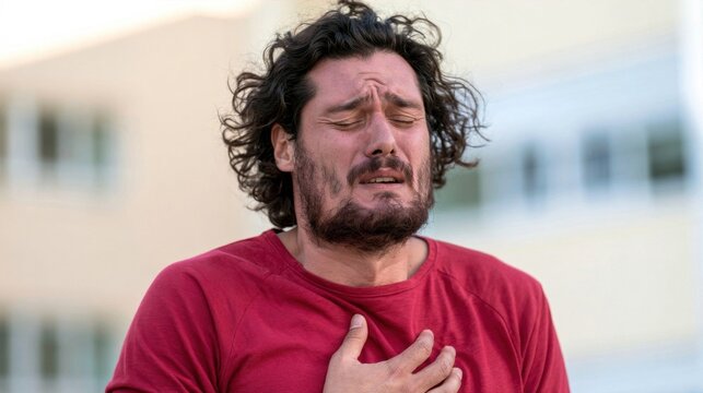 Man with dark curly hair and beard experiencing chest pain outdoors