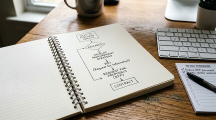 Obraz premium Business Procurement Process Flowchart and Checklist on Desk