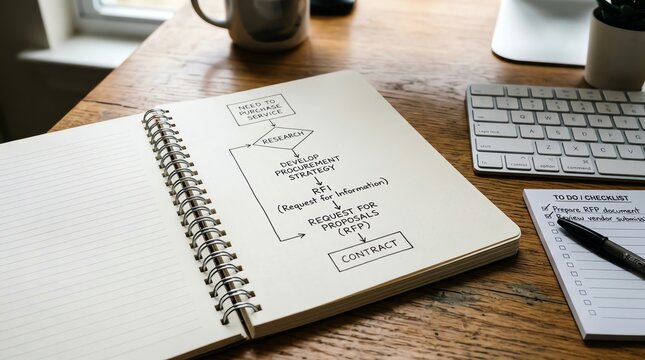 Business Procurement Process Flowchart and Checklist on Desk