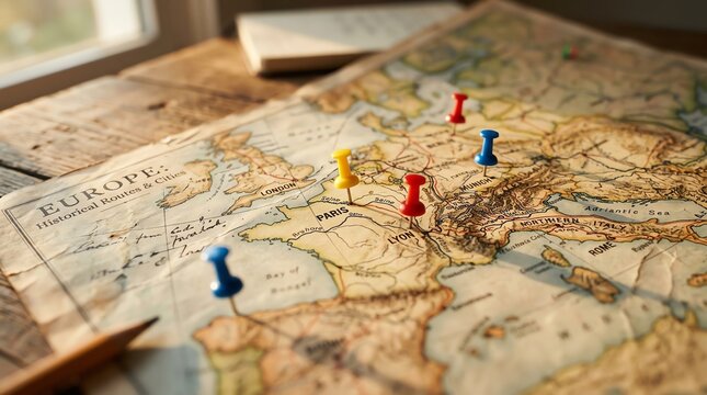 Planning European Travel Routes with Map and Pushpins