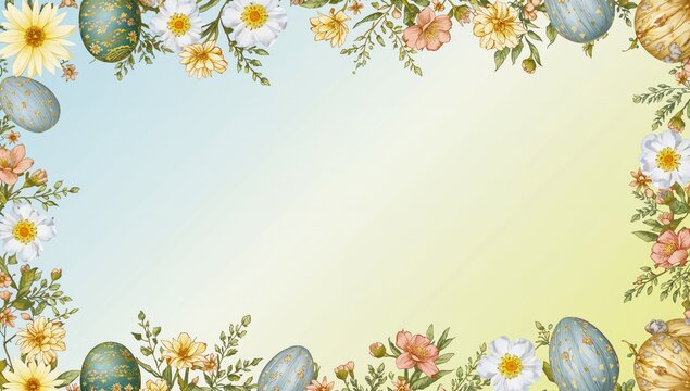 Floral Border Design with Easter Eggs on a Soft Gradient Background