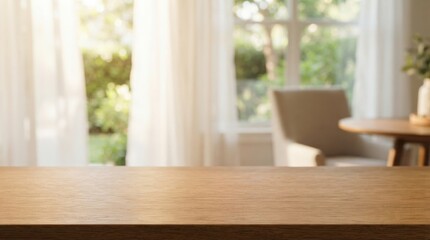 Fototapeta premium Sharp empty wooden tabletop surface perfect for product presentation over a blurred modern interior background, ideal for mockup backdrop, branding, and marketing materials
