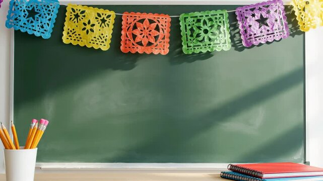 Traditional Mexican celebration marketing campaign graphic utilizing vibrant festive cut paper flags for a papel picado copyspace background backdrop 4k