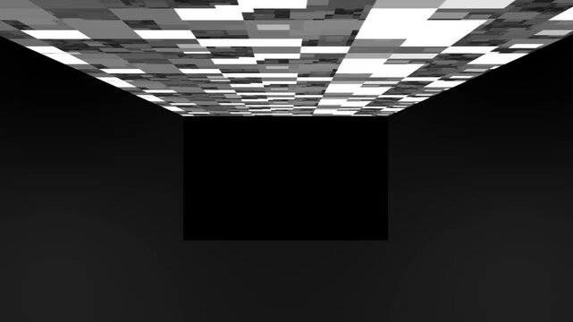 Abstract futuristic digital ceiling grid tunnel with geometric black white perspective technology background