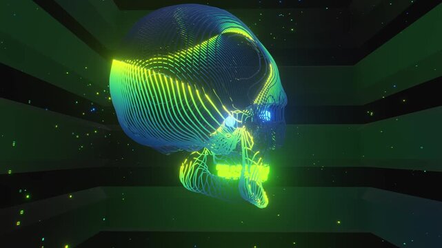 Seamless VJ loop of a glowing digital skull formed by dense fiber optic wireframe lines. Dynamic stage backdrop for electronic music festivals, dancefloors, club events, rave parties, and shows.